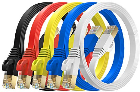 MutecPower 2m 5 Pack Cables de red Ethernet ULTRA PLANO CAT 7 con enchufes RJ45 Cable Delgado Patch LAN Latiguillo - Cables de 2 metros rojo/amarillo/azul/negro/blanco con bridas y clips