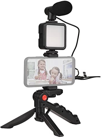Camnoon Phone Vlog Kit Mini LED Videoleuchte + Nierenmikrofon + ausziehbarer Telefonclip + Stativ mit Verstellbarer Helligkeit für Live Stream Vlog Video Shooting Video