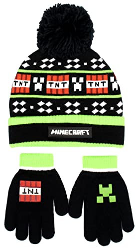 Minecraft Kindermützen- und Handschuhe-Set, schwarze Wollmütze und Handschuhe, Pixel-Design, Einheitsgröße für 6–12 Jahre, offizielles Lizenzprodukt, TNT, Einheitsgröße
