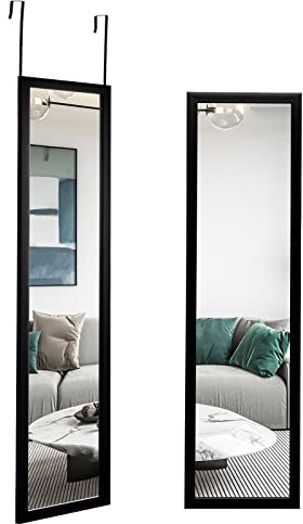 RELAX4LIFE Wandspiegel, 119 x 33 cm, rechteckiger Spiegel, Ganzkörperspiegel mit 2 Türhaken & Hartglas, Wand- oder Türmontage, moderner Hängespiegel für Wohnzimmer, Schlafzimmer, Garderobe, Schwarz