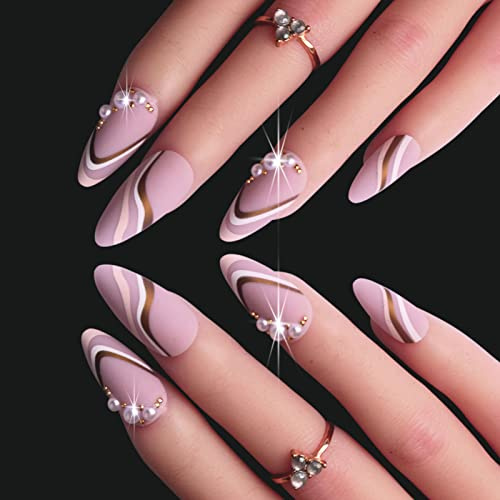 24 Pezzi finto Mandorla Unghie Finte Con Colla Perla Linea Ondulata In Oro Bianco unghia Adesive Copertura Completa Press On Nails Tips Per Donne