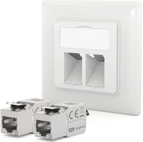 HB-DIGITAL 1 Stück 2-Port Unterputz-Netzwerkdose CAT6a mit Keystone - Weiß | CAT 6a Keystone-Modul mit RJ45-Buchse | 10 Gbit/s | Geschirmt | Werkzeuglose Montage | Für Installationskabel