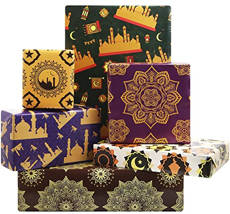 Vintage presentinslagningspapper, Ramadan Eid Mubarak omslagspapper blått slott stjärnor måne retro blomma 6 vikta ark födelsedagspresent papper för ramadan fest presentdekoration, 71 x 50 cm