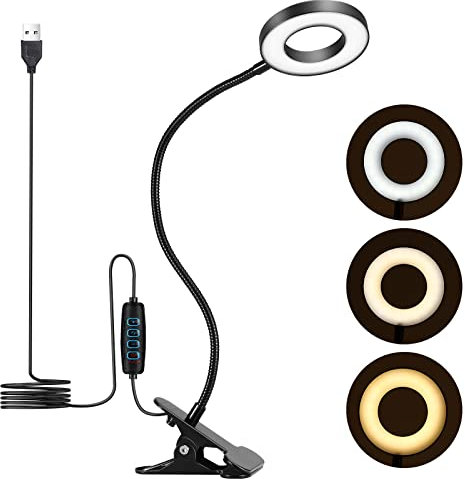 UNIFUN Clip On Reading Light, 3 Colors & 10 Dimmable Brightness, 48pcs LEDs，Flexible USB Clamp Bedside Lamp，Eye Care Clip LED Desk Lamp for Studying/Working/Reading/Gaming(Black)