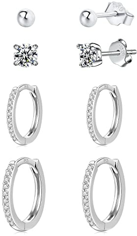 4 Paar Ohrstecker Silber Ohrringe Set für Damen, 4/5/10/12mm Creolen Silber 925 Klein Ohrringe mit AAA+ Zirkonia, Knorpel Helix Ohrringe Ohrstecker Set