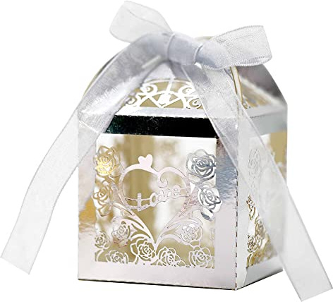 50 Stücke Süßigkeiten Geschenkboxen,Hohle Rose Blumen Liebe Herz Geschenkschachtel Klein Hochzeitsgeschenkbox Schmuckkartons Geschenkbox Schokolade kartons mit Farbband Tischdeko für Hochzeit Party