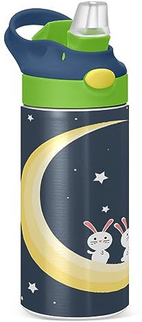 KAAVIYO Star Moon Rabbit Water Bottle Stainless Steel Insulated Vacuum Flask Leak Proof with Straw Brush Cup 350ML for Boys Girls Kids