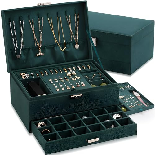 Retoo Schmuckkästchen Reise mit 2 Ebenen, Schmuckkasten Klein, Schmuckbox Tragbar, 4,5 x 17 x 11,5 cm Schmuckaufbewahrung für Accessoires, Schlüsselschloss, Farbe: Dunkelgrün