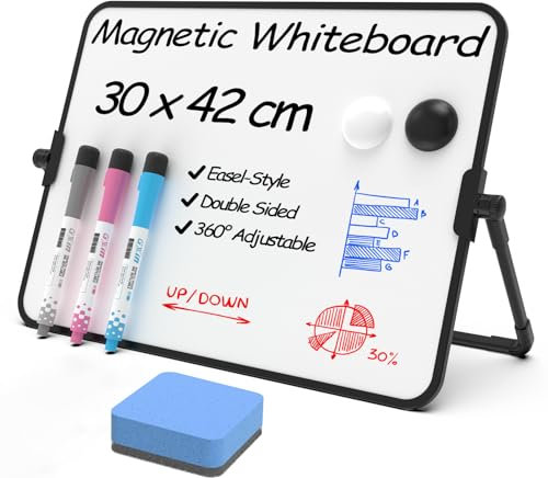 NEWYES Lavagna Cancellabile A3, Lavagnetta Magnetica Bifacciale con Supporto, Lavagna con Pennarelli Cancellabili, 3 Pennarelli Colorati + 2 Magneti + 1 Gomma, Adatto a Casa, Ufficio, Scuola