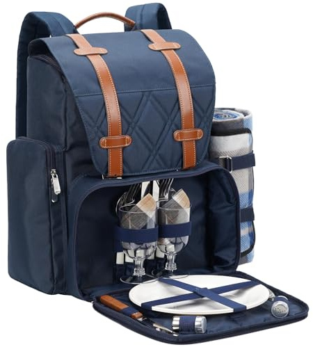 Picknickrucksack für 2 Personen mit großer isolierter Kühltasche, Picknickkorb-Set mit Weinbeutel, wasserdichte Picknickdecke & Besteck-Set, perfekt für Camping, Party, Hochzeitsgeschenk für Paare,