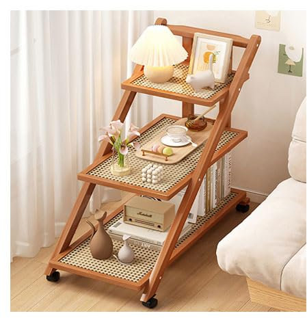 Dxcaicc Aufbewahrungswagen aus mehrschichtigem Holz, mobiles Leiterregal mit Rattan-Arbeitsplatte, Kaffeewagenwagen, klappbarer Sofa-Beistelltisch mit Rollen, Wohnzimmer, Küche,Braun,3Layer