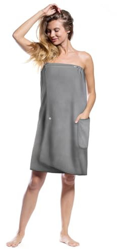 Aomig Sauna Zubehör: Saunahandtuch & Saunakilt Damen, Knopffrottee Saunarock, Elastische Taschen, Grösse Anpassbares Saunatuch, Hamamtuch - Grau