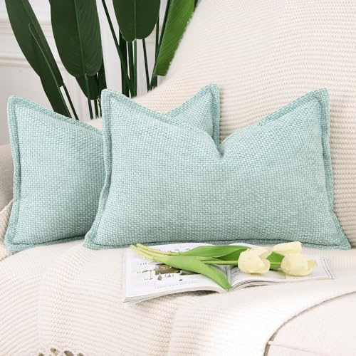 Madizz Juego de 2 Suave Chenilla Decorativo Funda de cojíns de Terciopelo con Borde Lujo Estilo Fundas de Almohada para el sofá Dormitorio Verde Agua Rectangular 30 x 50 cm