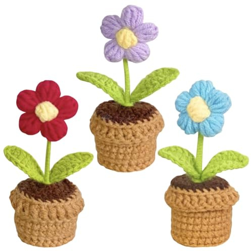 YANGSHINE 3 Stück fertige Häkelblumen, handgefertigt, Wollgarn, künstliche Blume, gestrickt, Eclair Blume für Hone, Büro, Auto, Armaturenbrett, Dekoration, Puff