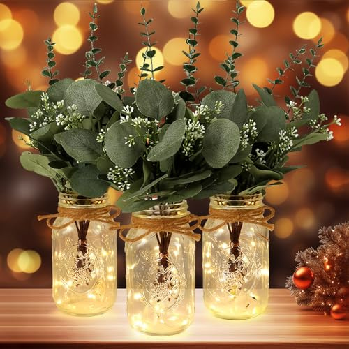 Lighted Mason Jar Centerpiece Set of 3 Eucalyptus Plant Decorative Jars Vase Farmhouse Table Decorations for Home Living Dining Room Wedding Christmas Thanksgiving Party