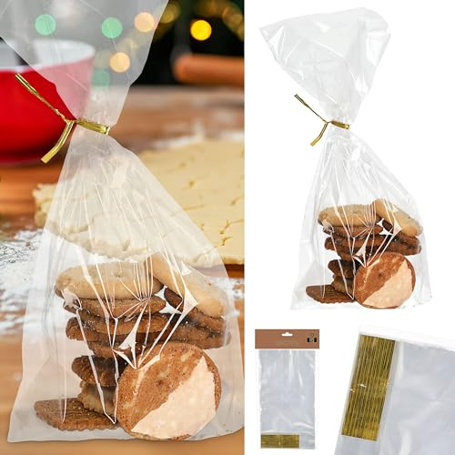 Gebäcktüten 10er Set | Folie 14x26x4cm | Klarsichttüte Verschluss gold | Bodenbeutel lebensmittelecht Tüten