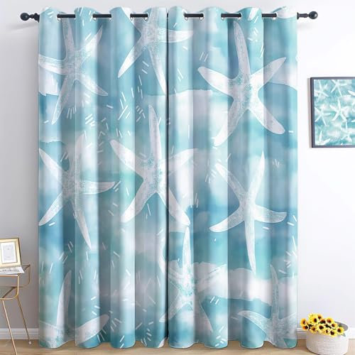 Thermal Insulated for Bedroom - Watercolor White Starfish Printed Blackout Curtains with Eyelet W 29.5 x L 65 (2 Panels) Door Curtains Drop Panels for Living Room, Blue