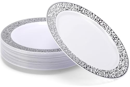 Kinmsito 20 Stück Plastikteller mit Silbernem Rand,19cm Weiße Dessertteller,Premium Mehrweg Kunststoffteller,Wiederverwendbare Stabiles Hartplastik Partyteller für Hochzeiten,Partys