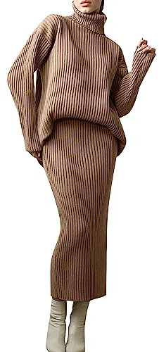 Jogginganzug Damen Oversize Y2K - Strickset,Rock Und Oberteil,Gerippt Rollkragenpullover,Slimfit Stickrock,Langarm Freizeitanzug,Teenager Mädchen Loungewear Set,Aesthetic E-Girl Streetwear