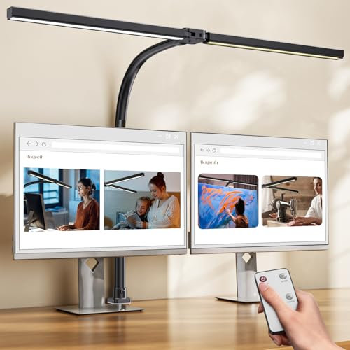 Bogseth 1300LM Lampara de Escritorio LED 24W 80CM de Doble Cabeza Regulable con Control Remoto,24W 80CM para Monitor luz Mesa con Abrazadera, Luz Diurna Lamparas Oficina en Casa Brazo Giratorio Pinza