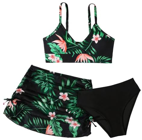 Happy Cherry Costume da Bagno Bambina Mare Estate Set di Bikini Ragazze 3 Pezzi Top Corto Imbottito + Slip + Gonna Stampati Floreali Costumi Spiaggia Piscina Nuoto Nero 14 Anni