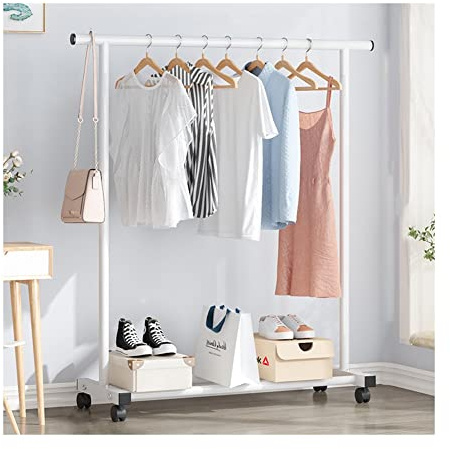 SDVantage Garderobenständer mit Einzelstange, Rollgarderobe mit Regalen, Metall-Kleiderstangen mit Rollen, Garderobenständer für Schlafzimmer, Flur, Eingang, Weiß, 120 x 40 x 145 cm
