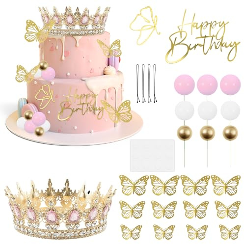 Sesaver 28Pcs Crown Cake Toppers Kit, Rose Gold Princess Cake Decorations with Crystal Tiara, 3D Butterflies & Foam Balls Non-Edible Cupcake Topper Accessories for Girls Birthday, Wedding, Baby Shower