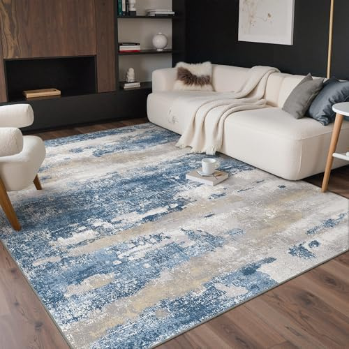 GENIMO No Crease Non Slip 8x10 Area Rugs for Living Room, Craft Woven Modern Abstract Rug, Soft Floor Carpet, Single-Piece Rugs for Bedroom, Dining Room, Office, Blue