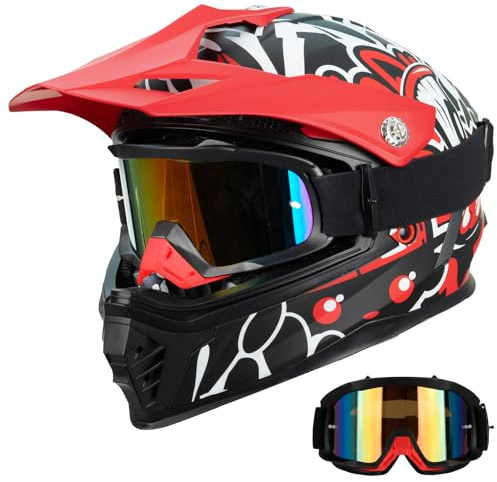 Favoto Casco Cross per Bambini con Occhiali di Protezione – Resistente agli Urti, Certificato ECE 22.06, Casco da Motocross e Dirt Bike, Rosso-Nero S (49–50 cm)