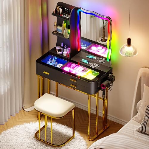 Gurexl Tocador de Maquillaje con Iluminación RGB,Mesa de Cosméticos con 3 Cajones y Taburete,Tocador Maquillaje con Estación de Carga y Puertos USB,Tocadores Ideal para Salón y Dormitorio,Negro