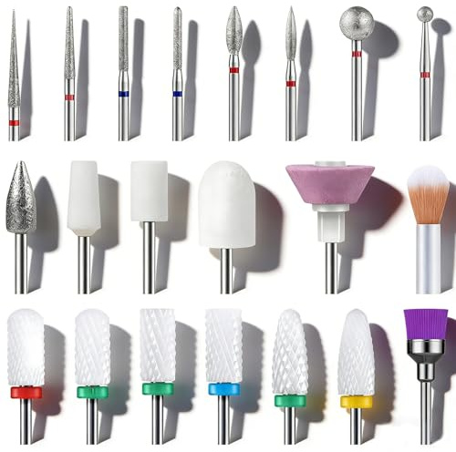 21 punte per fresa per unghie, diamantate e ceramica, per unghie in gel da 3/32 pollici, set di punte per fresa per unghie, per manicure e pedicure