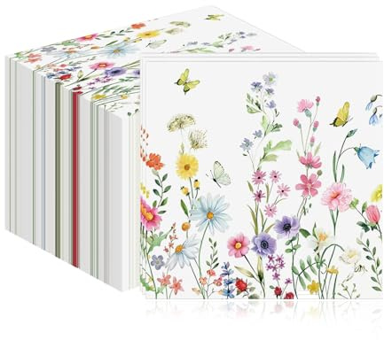 40 Stück Servietten Blumen Frühling – Blumen Servietten mit Schmetterling, 33 x 33 cm Papier Napkins, Frühlingsdeko für Gartenparty, Hochzeit & Kindergeburtstag