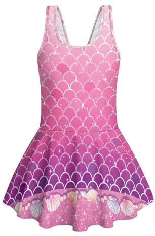 Kuiaobaty Mädchen-Badeanzug, einteilig, hawaiianischer Rock, Badeanzug, Sommer-Schwimmkleid, 3–13 Jahre, Meerjungfrau Schuppen Muschelbordüre, 3-4 Jahre