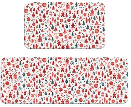 Christmas Prints Kitchen Rugs Set of 2, Cushioned Anti-Fatigue Kitchen Mats for Floor, Waterproof Comfort Standing Mat Absorbent Velvet Kitchen Runner Rugs 17x30+17x47