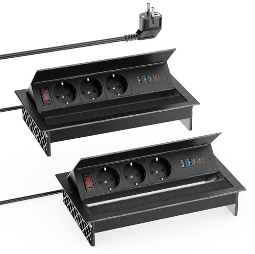 2-pack, inbyggt aluminiumuttag med 3 uttag och 4 USB (2 x USB-C PD 30 W), infällbart bordsuttag med justerbar vinkel för skrivbord och kontor, 1,8 m kabel, svart