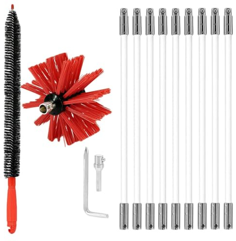 GRADENEVE Kit Spazzola Flessibile per Curve Difficili per Pulizia Canna Fumaria 9 Aste in Nailon e Asciugatrice a Condotti Metallici