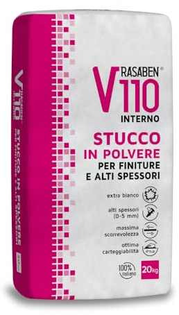 RASABEN - Stucco in Polvere V110 Extra Bianco a Base di Gesso per Finiture e Alti Spessori (0-5mm), Stucco Fine Facile da Lavorare e da Carteggiare, per Muri Interni e Cartongesso, Sacco da 20kg