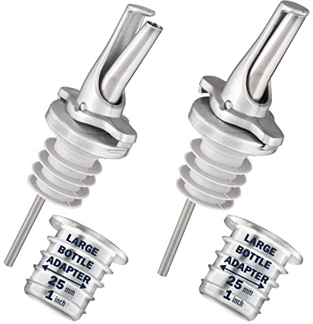 Vertedores de Botellas con Tapón Antigoteo para Alcohol, Vino y Aceite - Mantiene Los Productos Fresco,Sin Oxidación. Con 2 Adaptadores para Botellas Cuello Grande - Plata 2pk