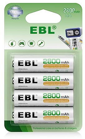 EBL 1.2V AA Batterie Ricaricabili Ad Alta Capacità,Pile Ricaricabili da 2800mAh Ni-MH con 1200 Tech,Confezione da 4 pezzi