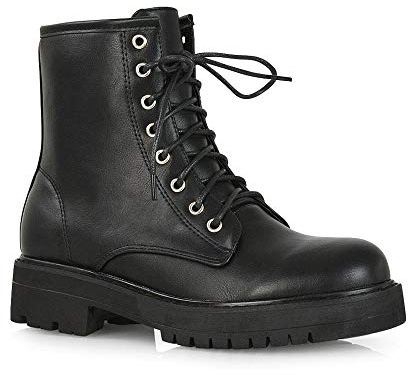 ESSEX GLAM Womens Ankle Boots Ladies Lace Up Chunky Sole Casual Black Faux Leather Winter Biker Combat Booties Size 6
