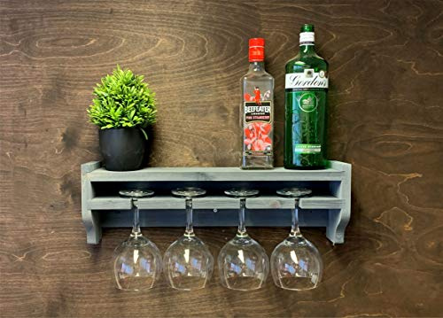 Slate Grey Wooden Gin Bottle Shelf with 4 Glass Wall Mounted Display (GS-GR)(EM)