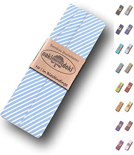 Sandras-Bastelladen Schrägband/Einfassband Baumwolle gefalzt 3m x 20mm - Streifen Muster 6006-Hellblau-Weiß