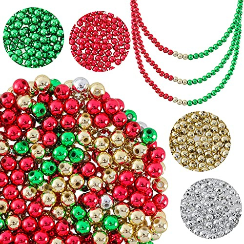 Whaline 1200 Stück Weihnachtsperlen metallisch runde Pony-Perlen mit elastischer Schnur, rot, grün, silber, gold, Armband, DIY Handwerk Zuhause hängende Ornamente Zubehör