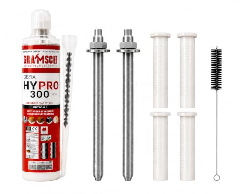 Schwerlastbefestigung SET M20x220mm VERZINKTER STAHL 5.8 - Verbundmörtel Hypro 300ml + 2 Gewindestangen + Zylinderbürste/Klebeanker Ankerstangen
