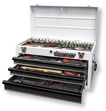 BOXO USA Heavy Duty Toolbox 103 Piece MotoBox Hand Carry Tool Box with Locking System for Motorcycle, Dirt Bike, Dual Sport (White)