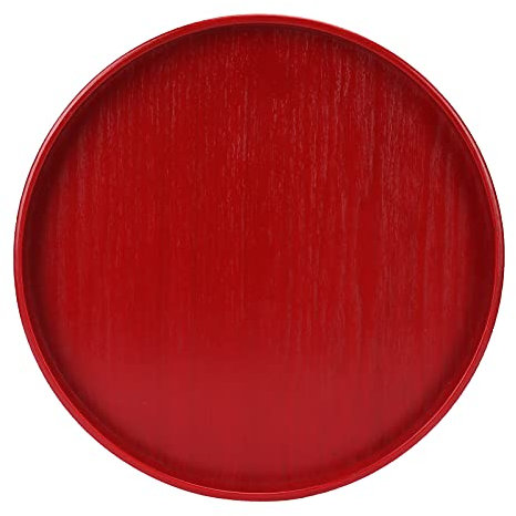 Round Wooden Serving Tray Non-Slip Edge for Coffee Breakfast Dessert, Red Handmade Tea Organizer Display Plate, 24cm Kitchen Restaurant Home
