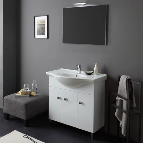 Kiamami Valentina Mobile Bagno a Terra 85 cm 3 Ante Bianco Lucido Smeraldo | Con lavabo in ceramica, specchio 80x60 cm con lampada LED, piedini cromati regolabili, arredo bagno moderno