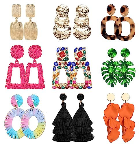 Finrezio 9 Paar Ohrclips für Damen Statement Harz Acryl Tropfen Baumeln Ohrringe Leichte Geometrische Creolen Nicht Durchbohrte Ohrringe Ohrclip