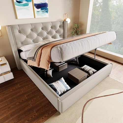 Kayan Hydraulisch Doppelbett Polsterbett 160x200cm, Bett mit Lattenrost aus Metallrahmen, Modernes Bettgestell mit Stauraum, Baumwolle (HellGrau, 160x200cm)