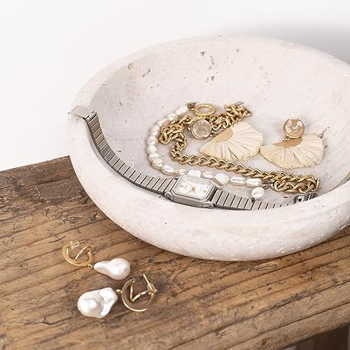 Shelf & Nook Travertine Decorative Bowls for Home Decor. Key Bowl for Entryway Table in a Choice of 5 Colors (White/Gray, Small)